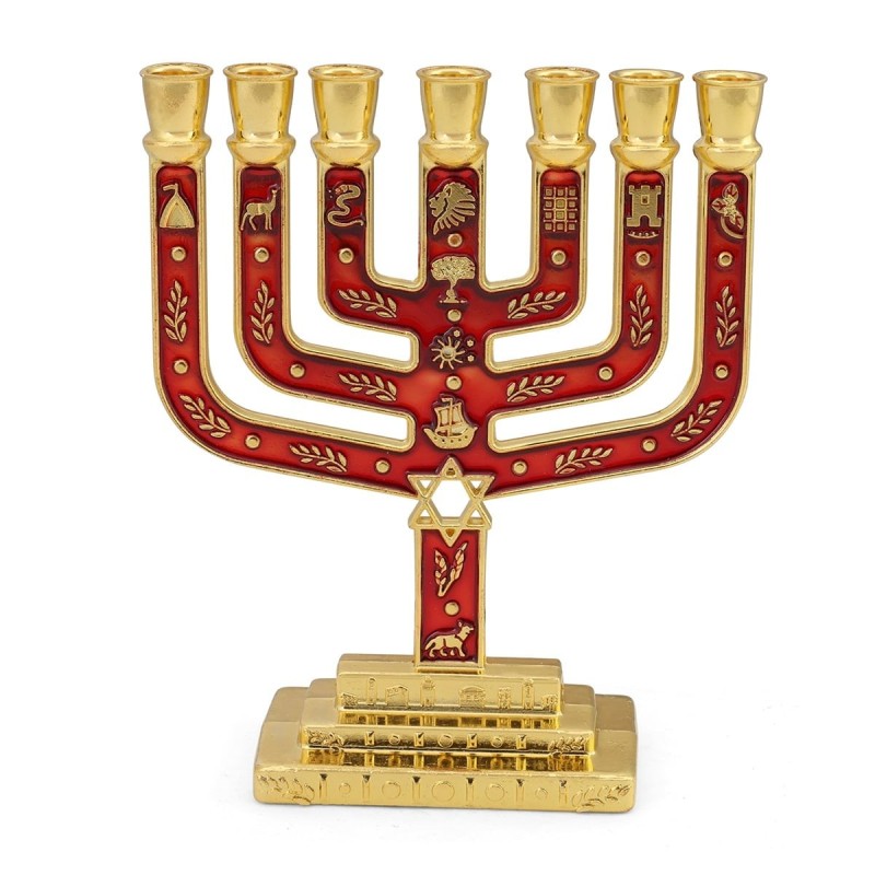 Tribes of Israel Gold Plated 7-Branched Menorah with Star of David