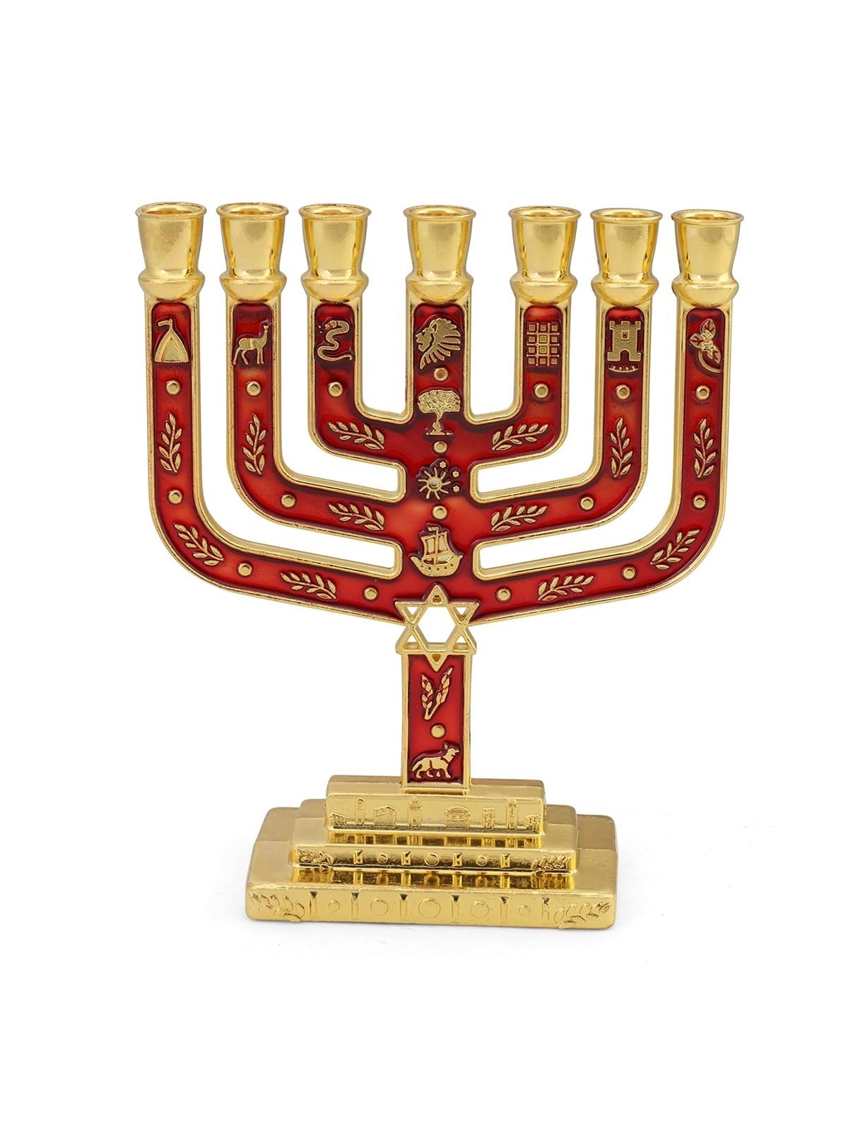 Tribes of Israel Gold Plated 7-Branched Menorah with Star of David
