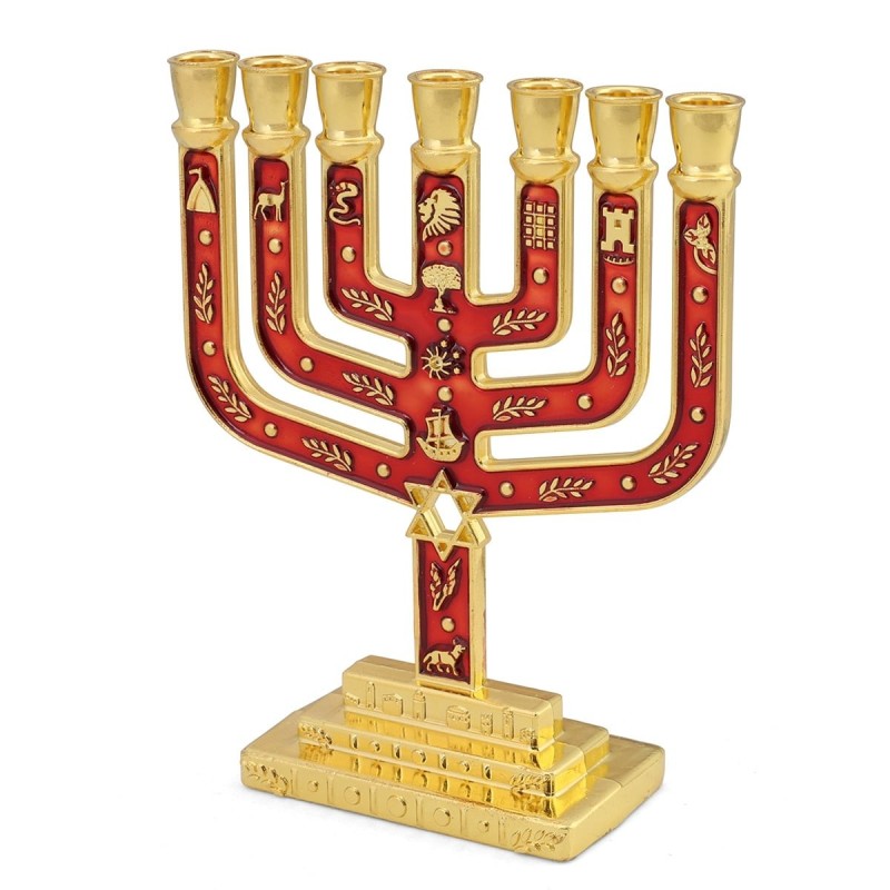 Tribes of Israel Gold Plated 7-Branched Menorah with Star of David