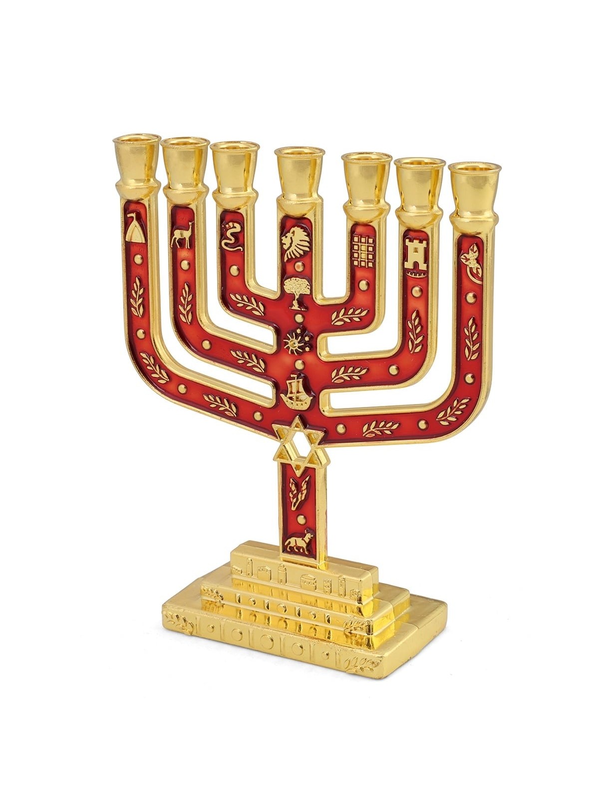 Tribes of Israel Gold Plated 7-Branched Menorah with Star of David