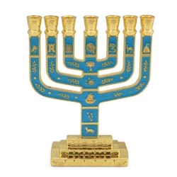 Twelve Tribes of Israel Gold-Plated Seven-Branch Menorah with Enamel