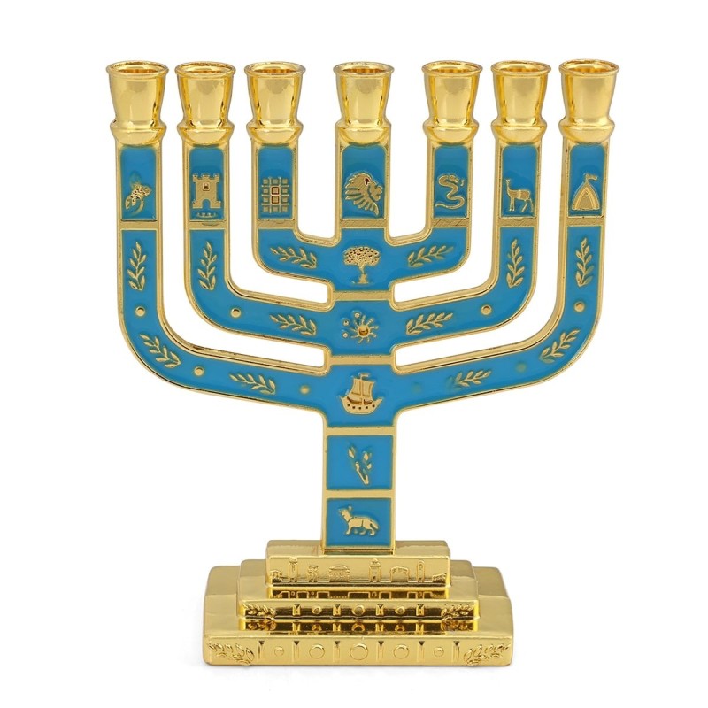 Twelve Tribes of Israel Gold-Plated Seven-Branch Menorah with Enamel
