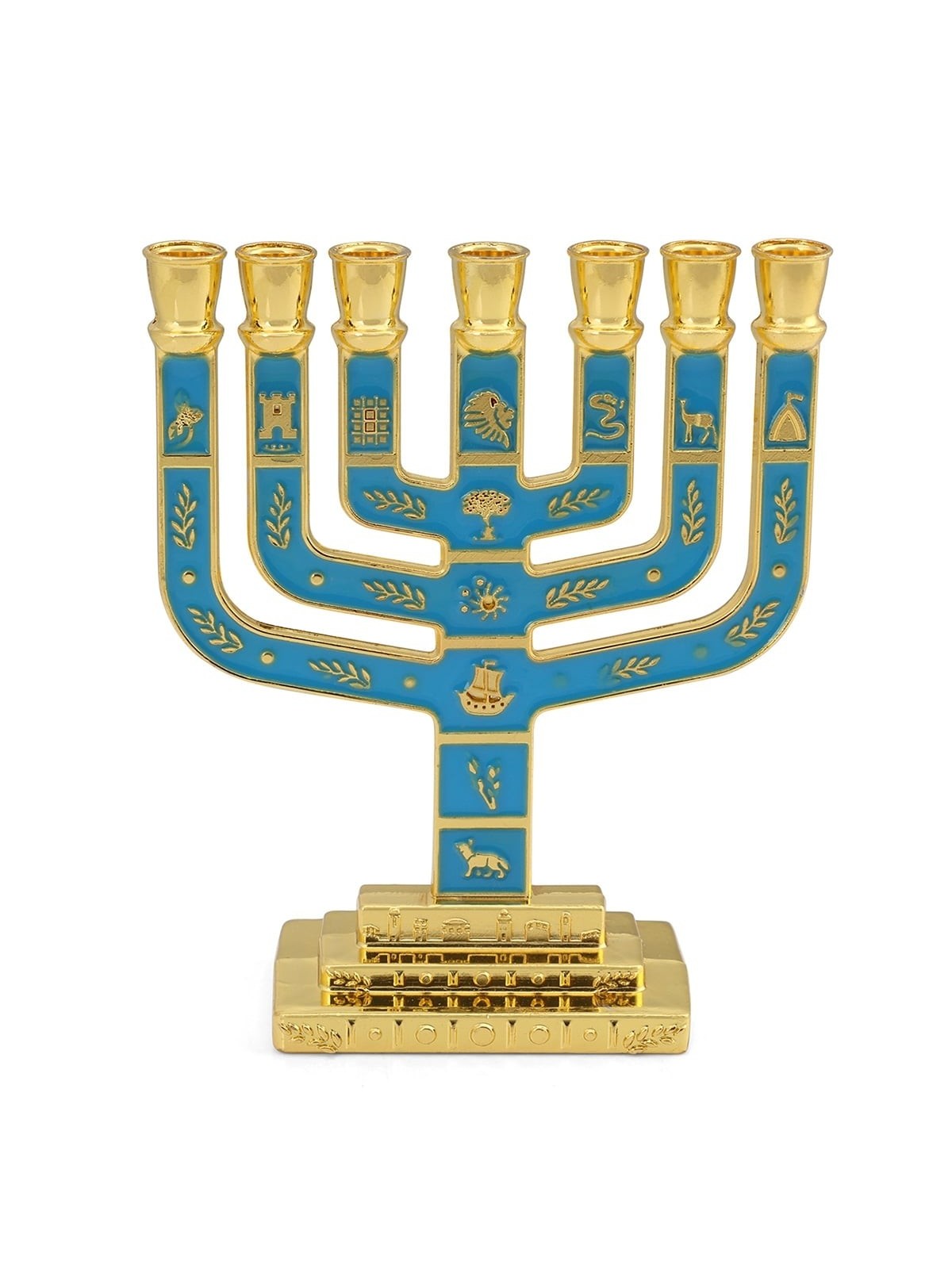 Twelve Tribes of Israel Gold-Plated Seven-Branch Menorah with Enamel