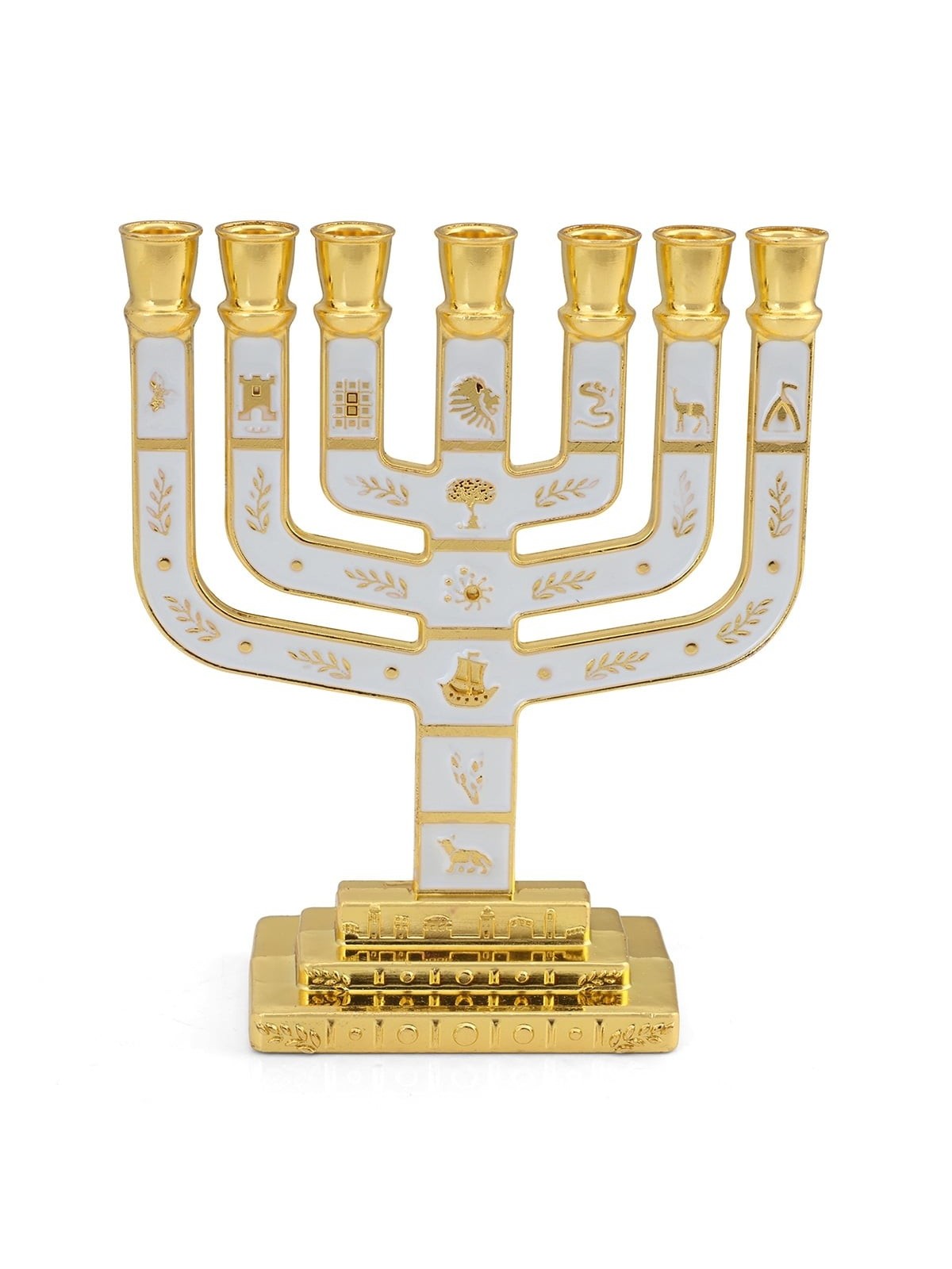 Twelve Tribes of Israel Gold-Plated Seven-Branch Menorah with Enamel