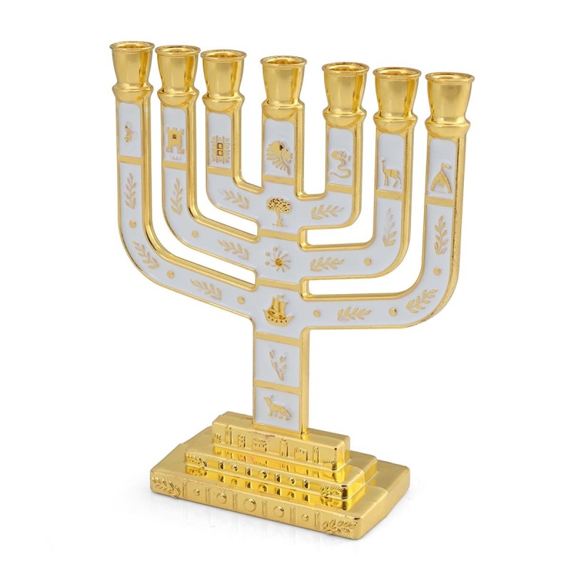 Twelve Tribes of Israel Gold-Plated Seven-Branch Menorah with Enamel