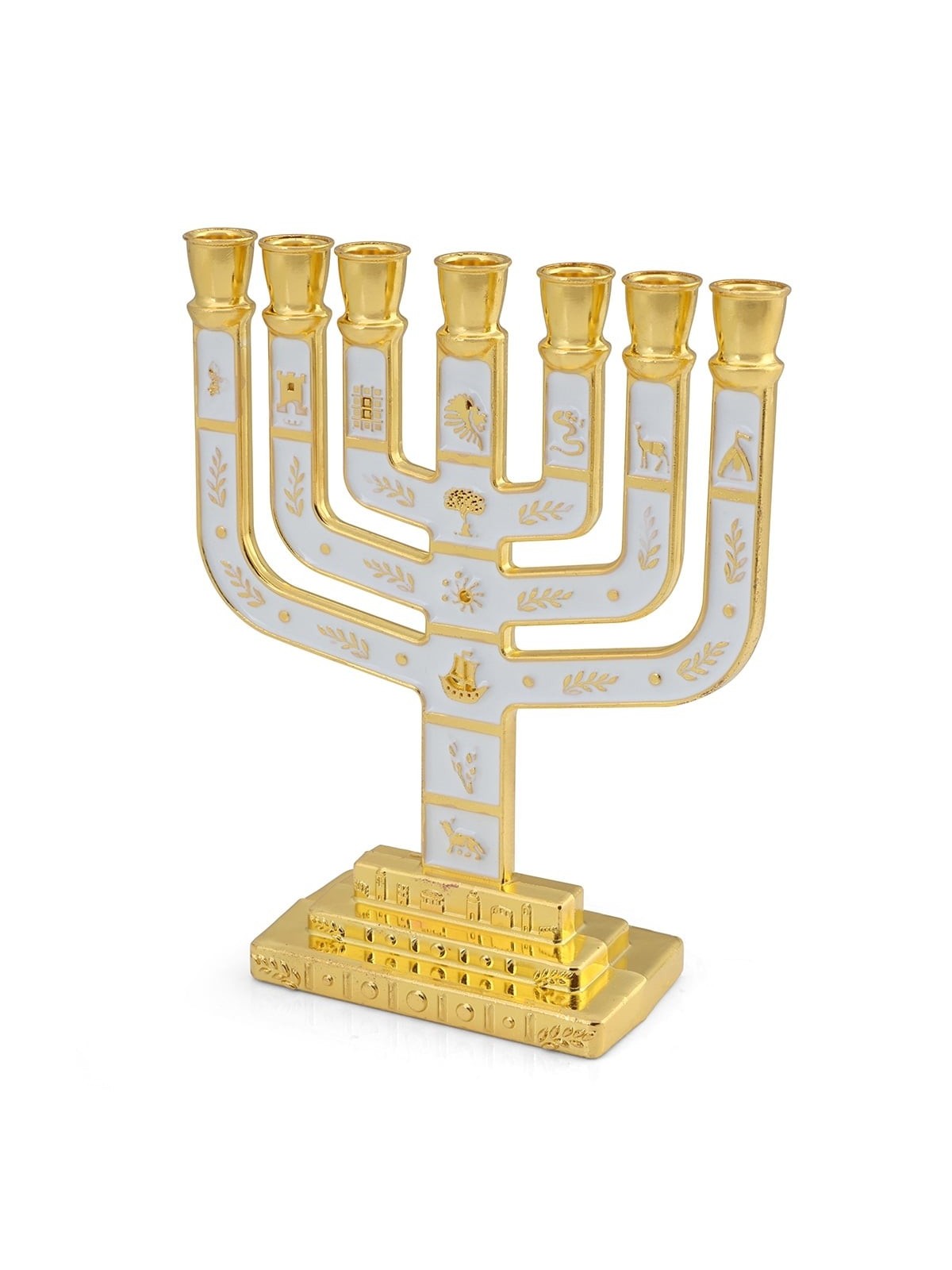 Twelve Tribes of Israel Gold-Plated Seven-Branch Menorah with Enamel