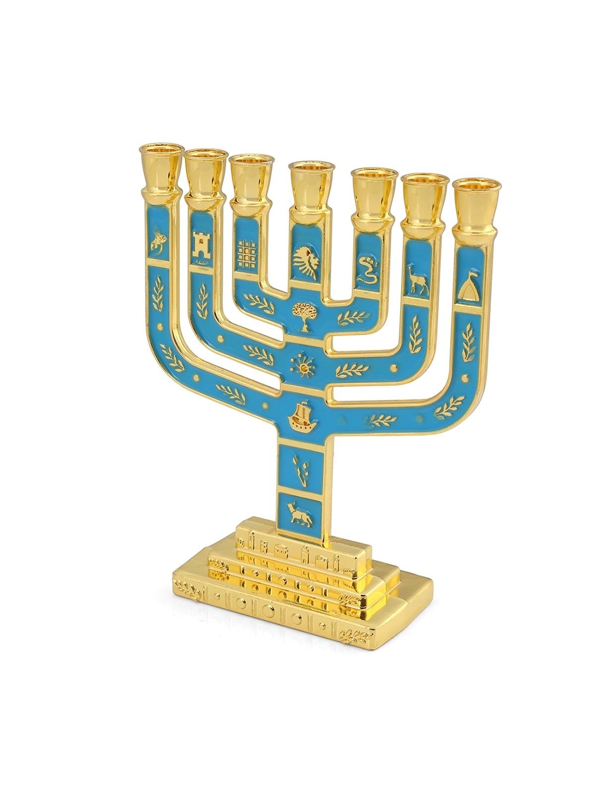 Twelve Tribes of Israel Gold-Plated Seven-Branch Menorah with Enamel