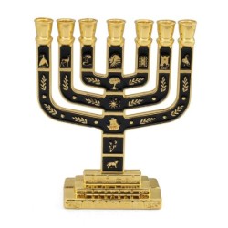 Twelve Tribes of Israel Gold-Plated Seven-Branch Menorah with Enamel