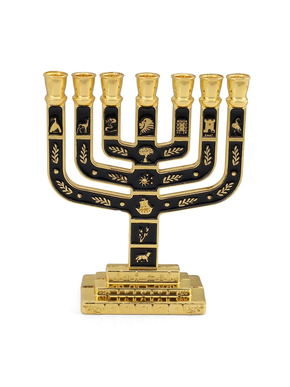 Twelve Tribes of Israel Gold-Plated Seven-Branch Menorah with Enamel