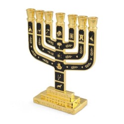 Twelve Tribes of Israel Gold-Plated Seven-Branch Menorah with Enamel
