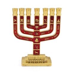 Twelve Tribes of Israel Gold-Plated Seven-Branch Menorah with Enamel