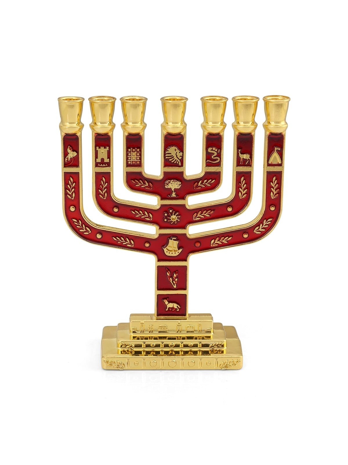 Twelve Tribes of Israel Gold-Plated Seven-Branch Menorah with Enamel