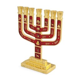 Twelve Tribes of Israel Gold-Plated Seven-Branch Menorah with Enamel
