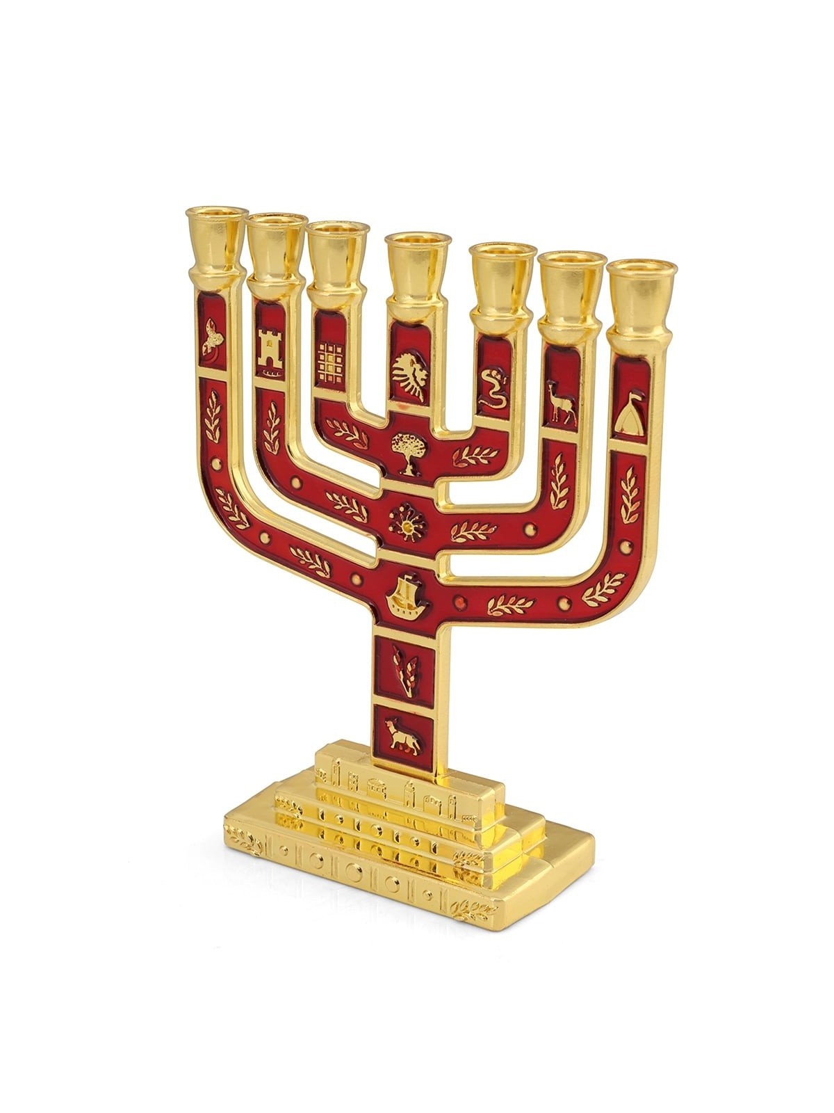 Twelve Tribes of Israel Gold-Plated Seven-Branch Menorah with Enamel
