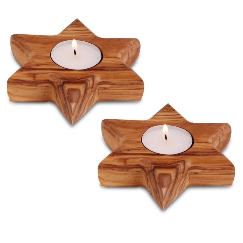 Pair of Olive Wood Candle Holders - Star of David (Large)