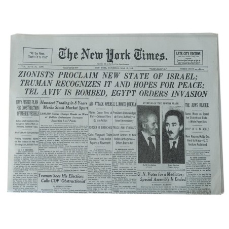 New York Times Reprint - May 15, 1948 - Birth of Israel
