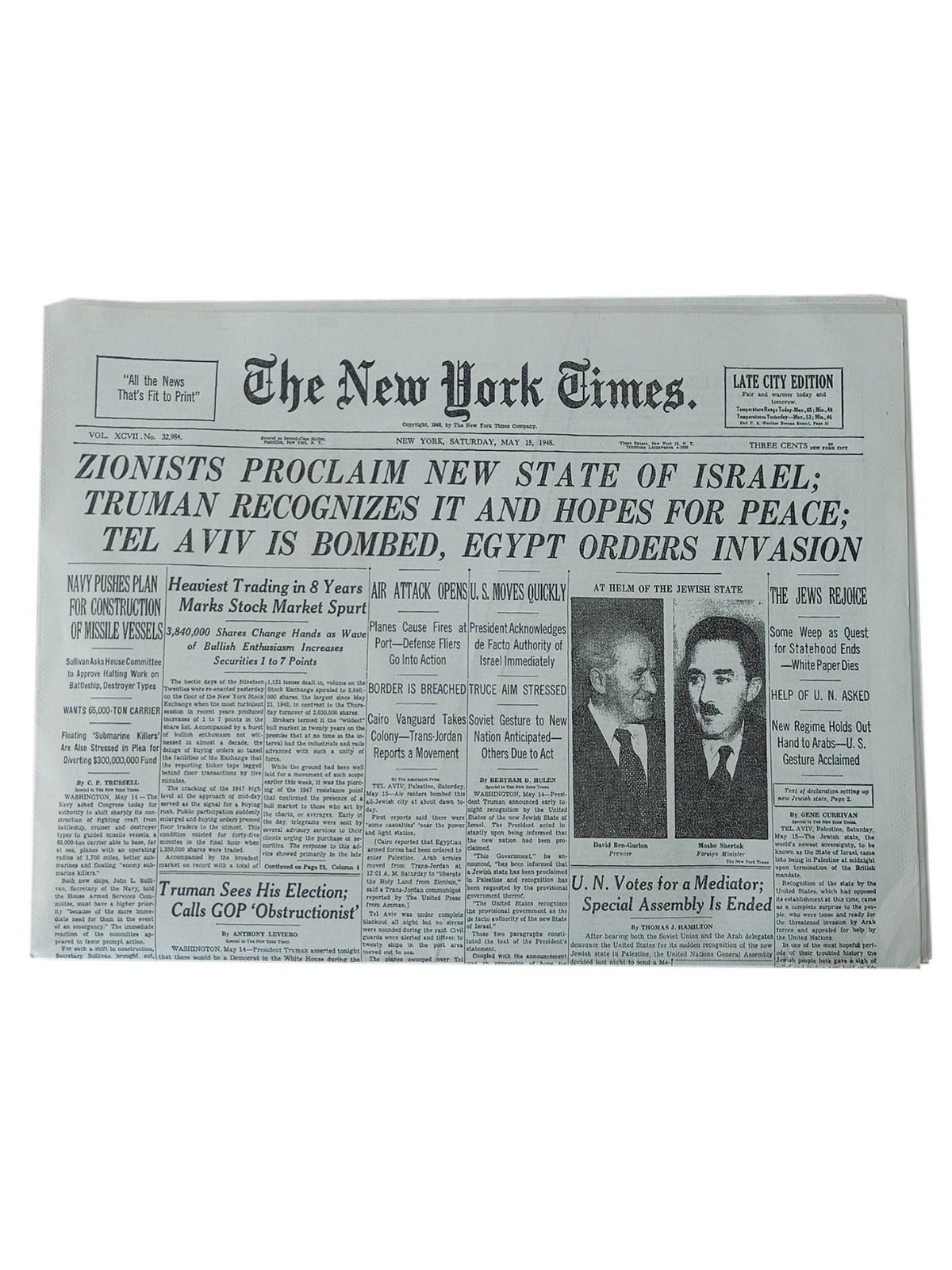 New York Times Reprint - May 15, 1948 - Birth of Israel