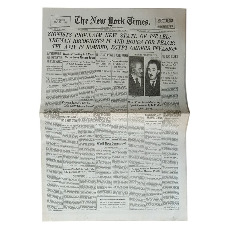 New York Times Reprint - May 15, 1948 - Birth of Israel