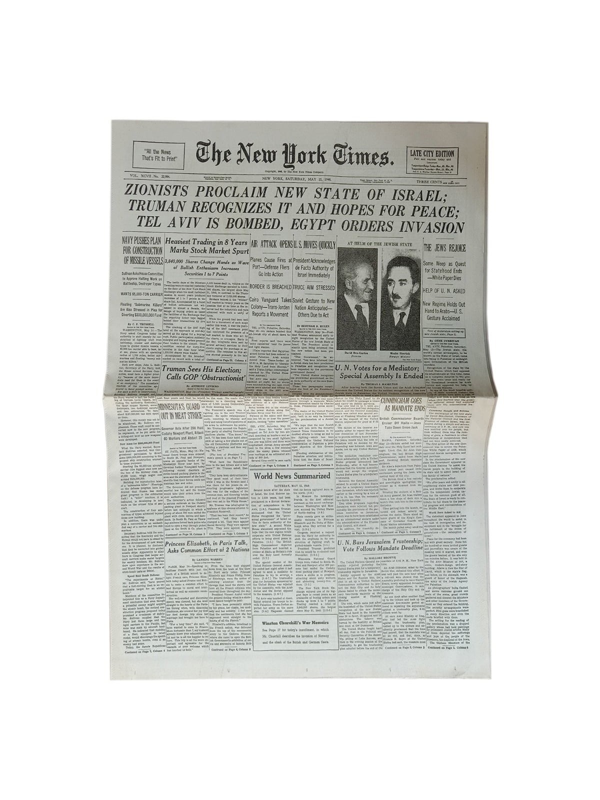 New York Times Reprint - May 15, 1948 - Birth of Israel