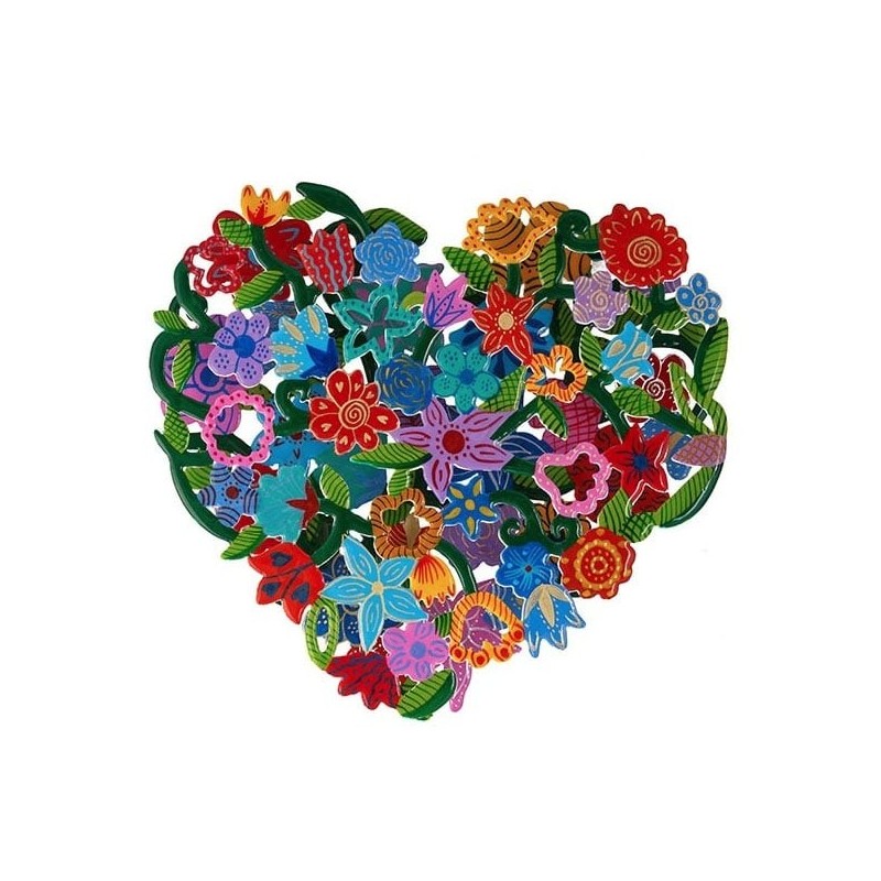 Yair Emanuel Hand-Painted Metal Cut-Out - Heart With Flowers
