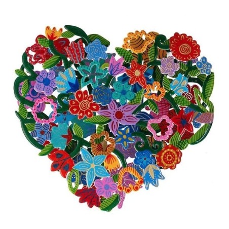 Yair Emanuel Hand-Painted Metal Cut-Out - Heart With Flowers