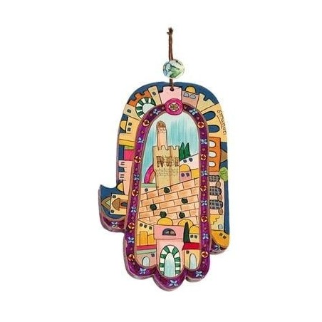 Yair Emanuel Large Wood Painted Hamsa - Old Jerusalem