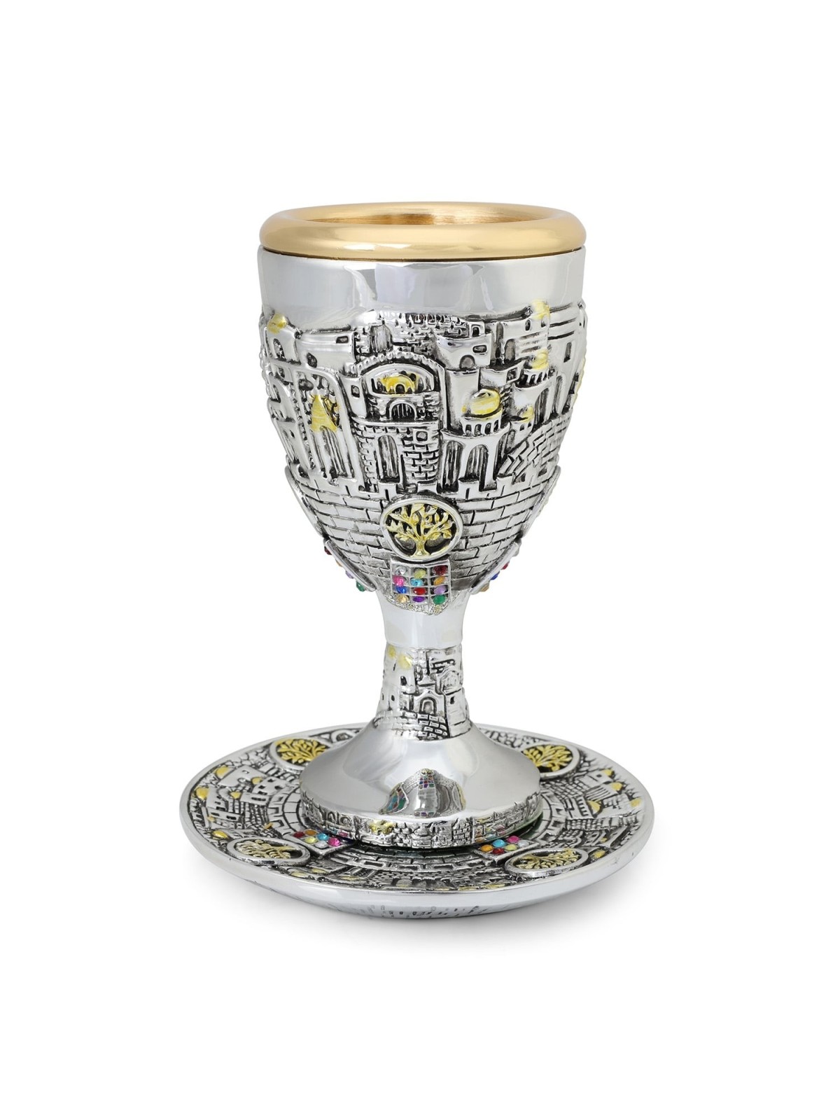 Silver-Plated Kiddush Cup Set With Gold-Accented Tree of Life, Jerusal