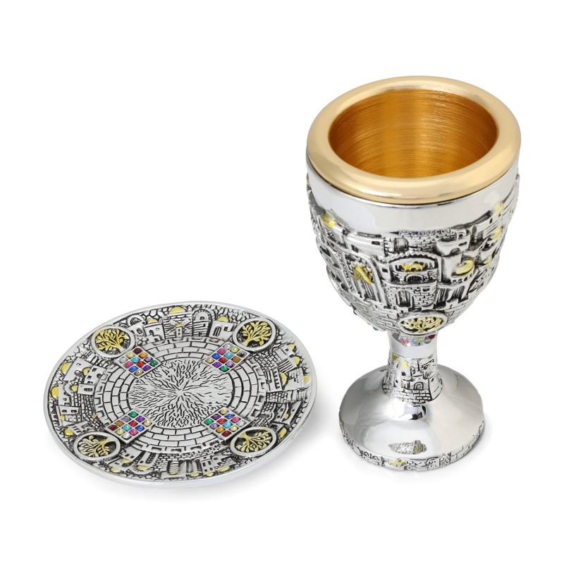 Silver-Plated Kiddush Cup Set With Gold-Accented Tree of Life, Jerusal