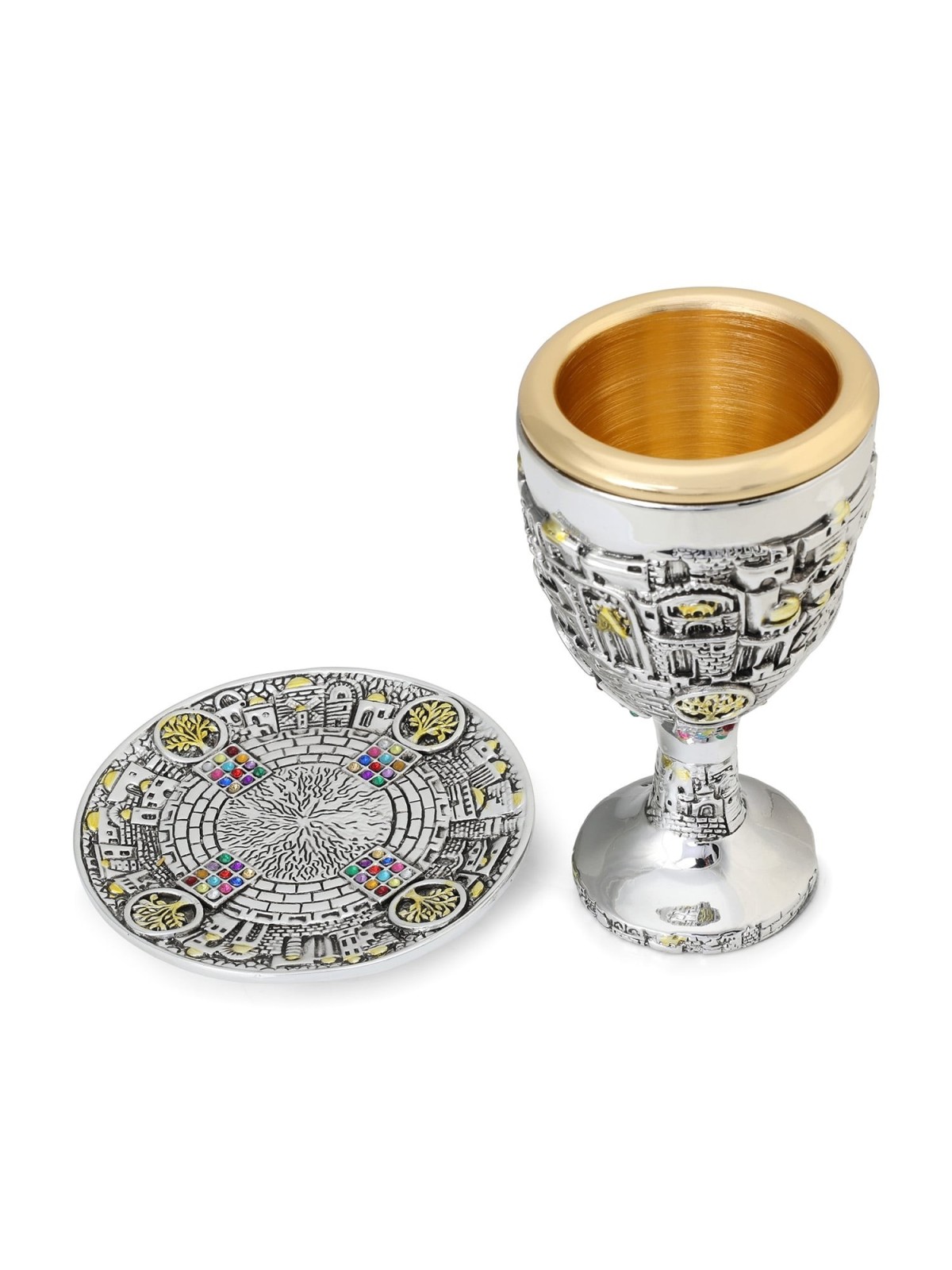 Silver-Plated Kiddush Cup Set With Gold-Accented Tree of Life, Jerusal