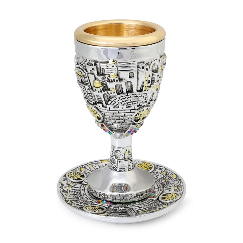 Silver-Plated Kiddush Cup Set With Gold-Accented Tree of Life, Jerusal