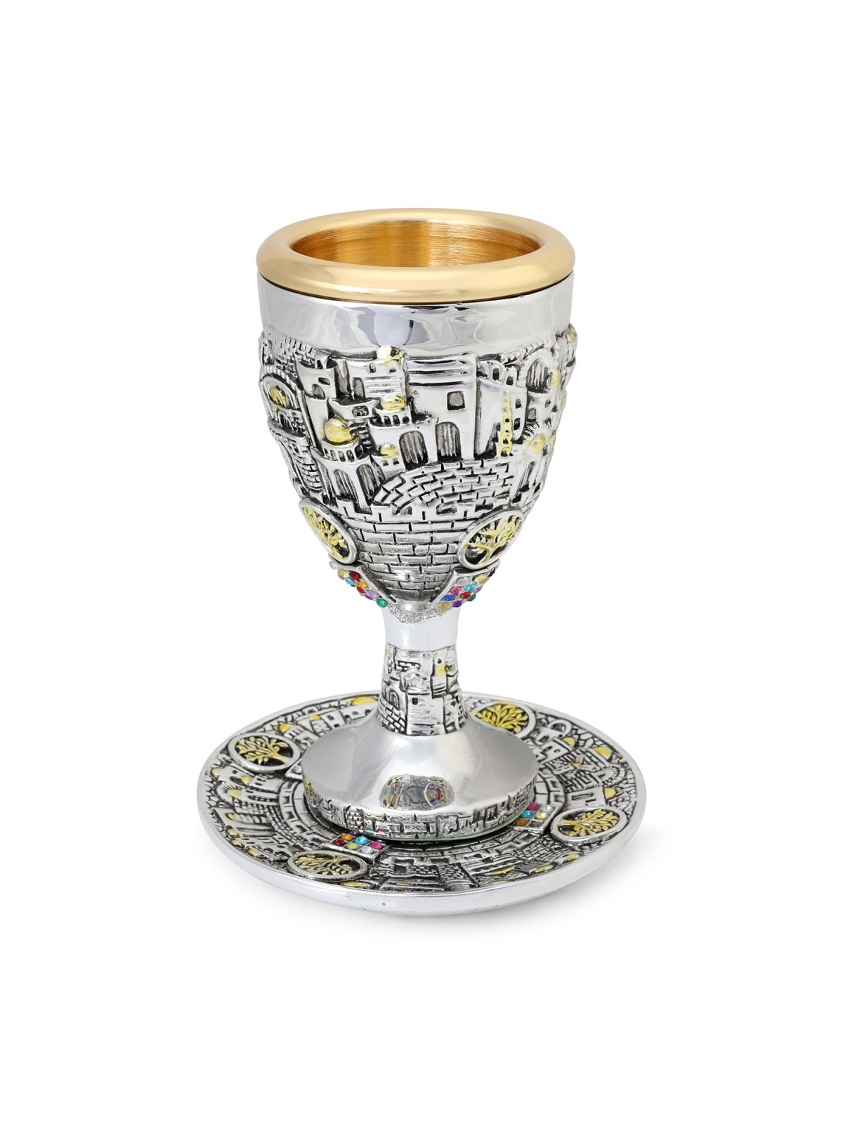 Silver-Plated Kiddush Cup Set With Gold-Accented Tree of Life, Jerusal