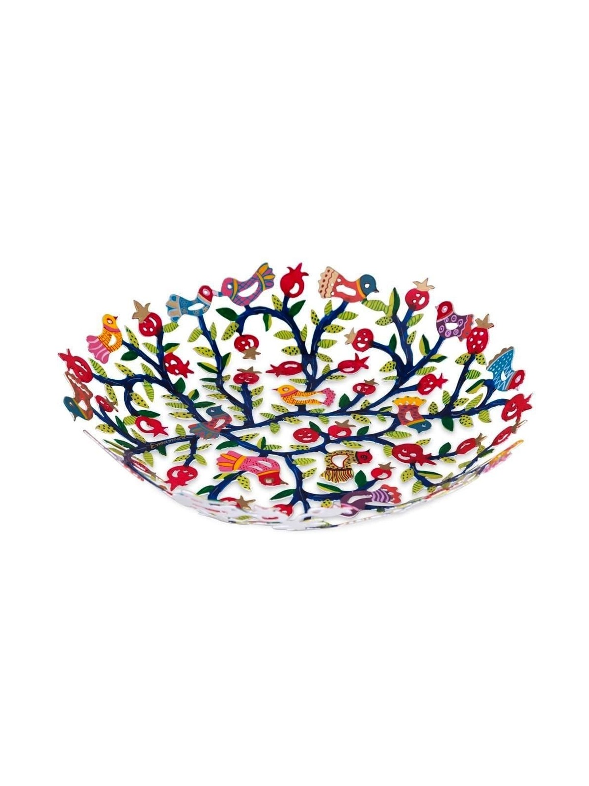 Yair Emanuel Hand Painted Laser Cut Bowl - Birds and Pomegranates