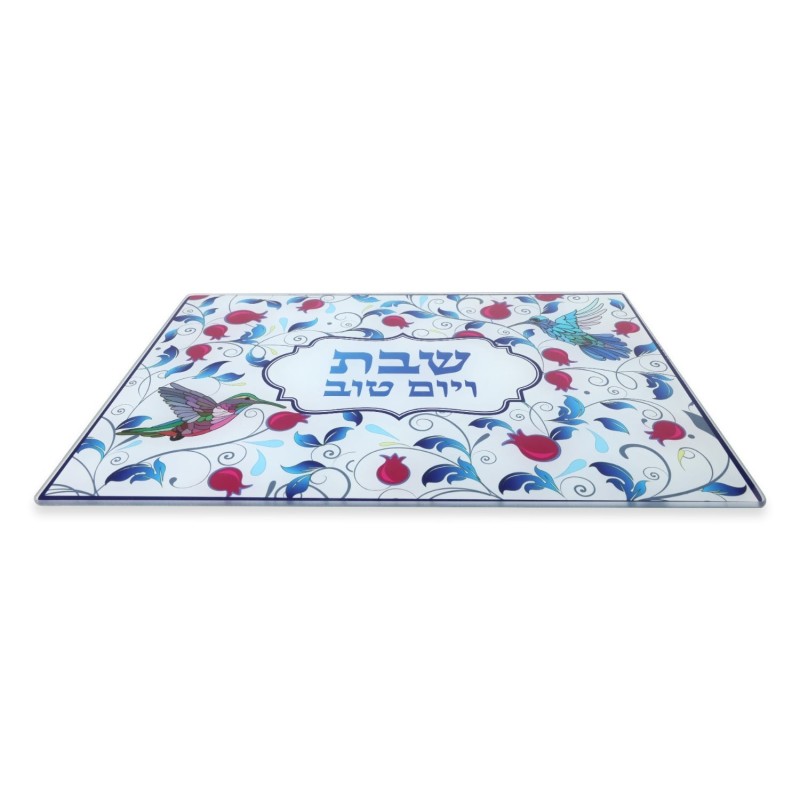 Tempered Glass Challah Board & Knife Set - Pomegranates and Birds Desi