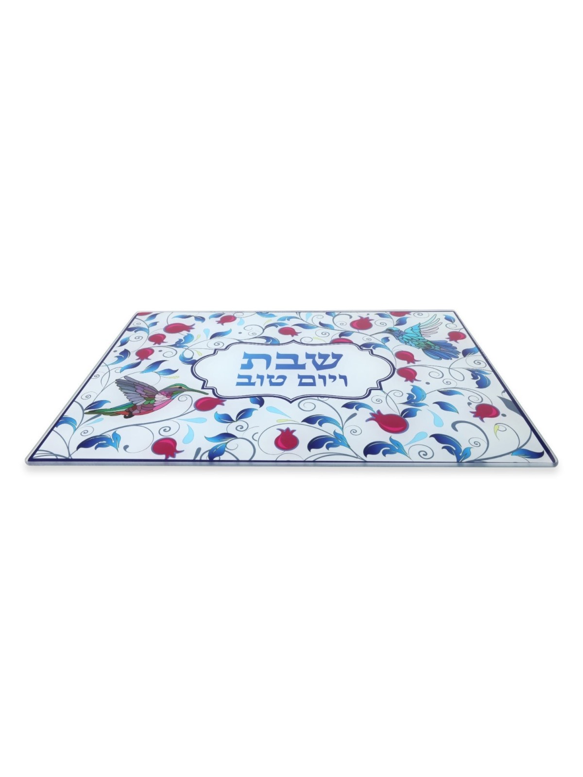 Tempered Glass Challah Board & Knife Set - Pomegranates and Birds Desi