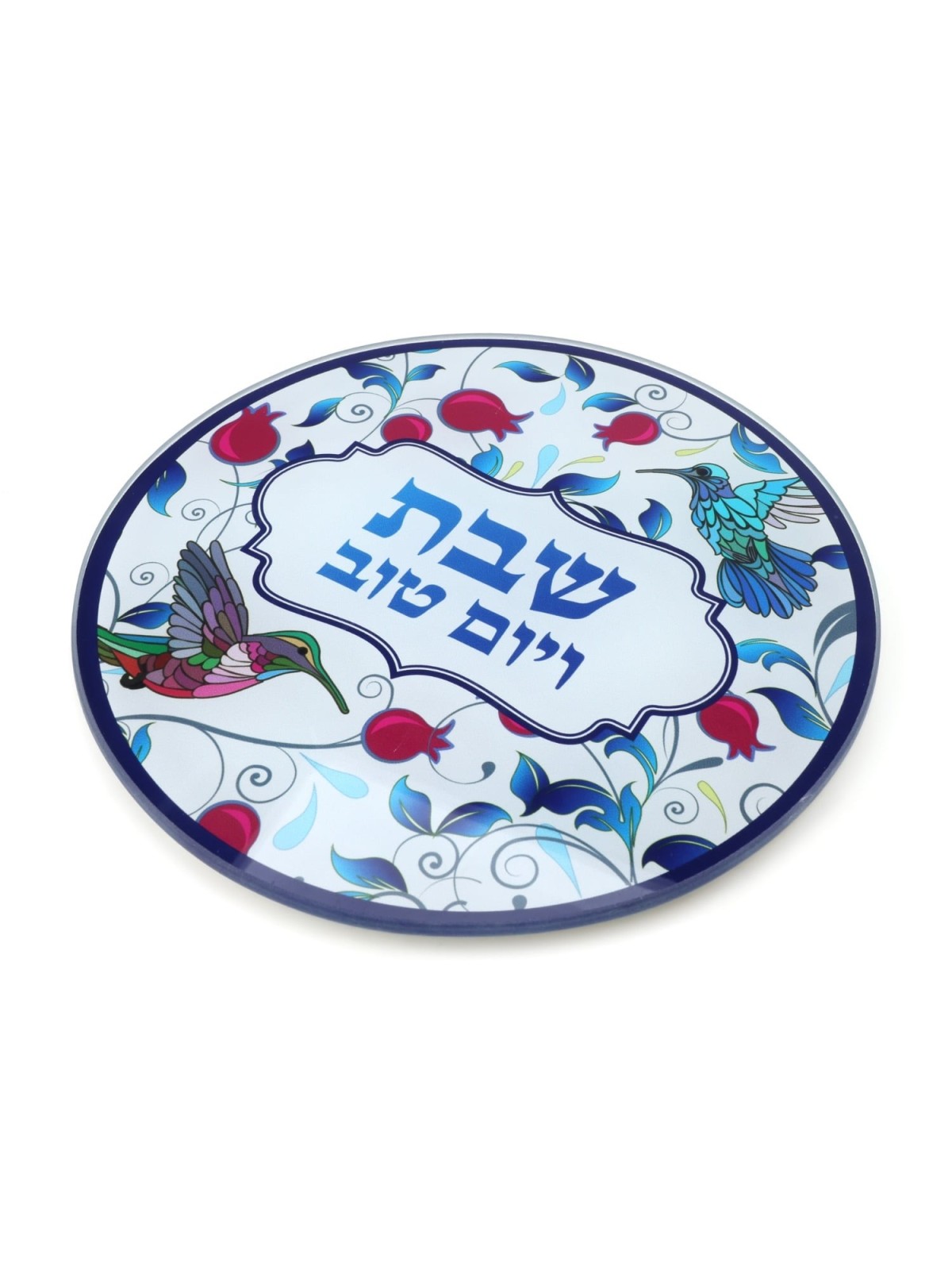 Tempered Glass Challah Board & Knife Set - Pomegranates and Birds Desi