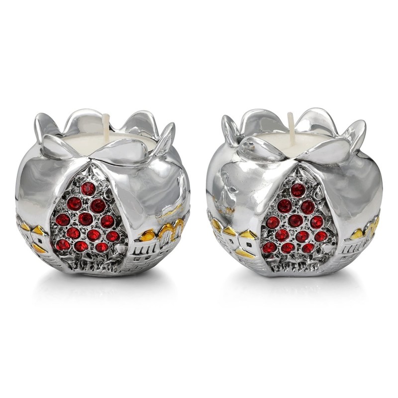 Silver Pomegranate Candlesticks with Jewels and Golden Highlights - Je