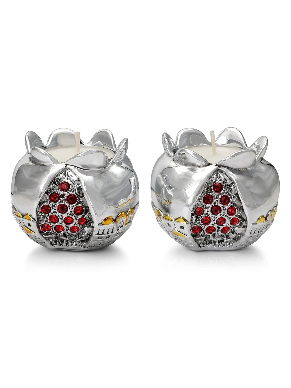 Silver Pomegranate Candlesticks with Jewels and Golden Highlights - Je