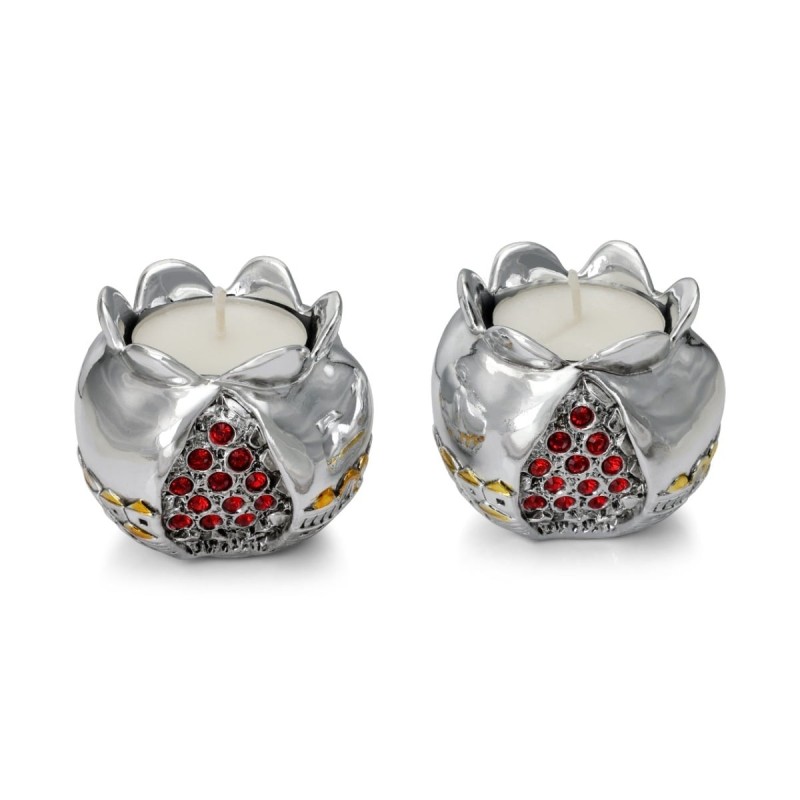Silver Pomegranate Candlesticks with Jewels and Golden Highlights - Je