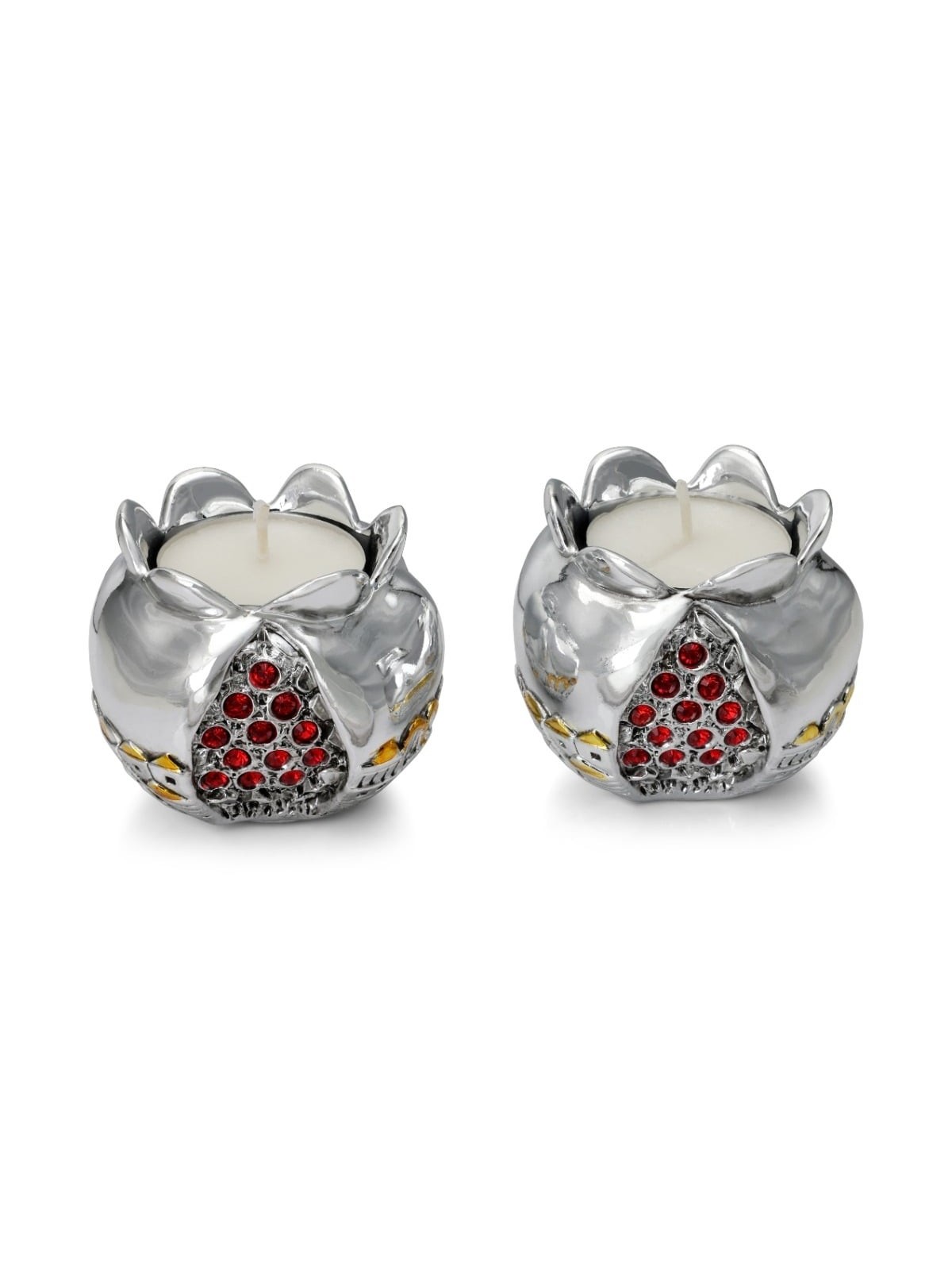 Silver Pomegranate Candlesticks with Jewels and Golden Highlights - Je