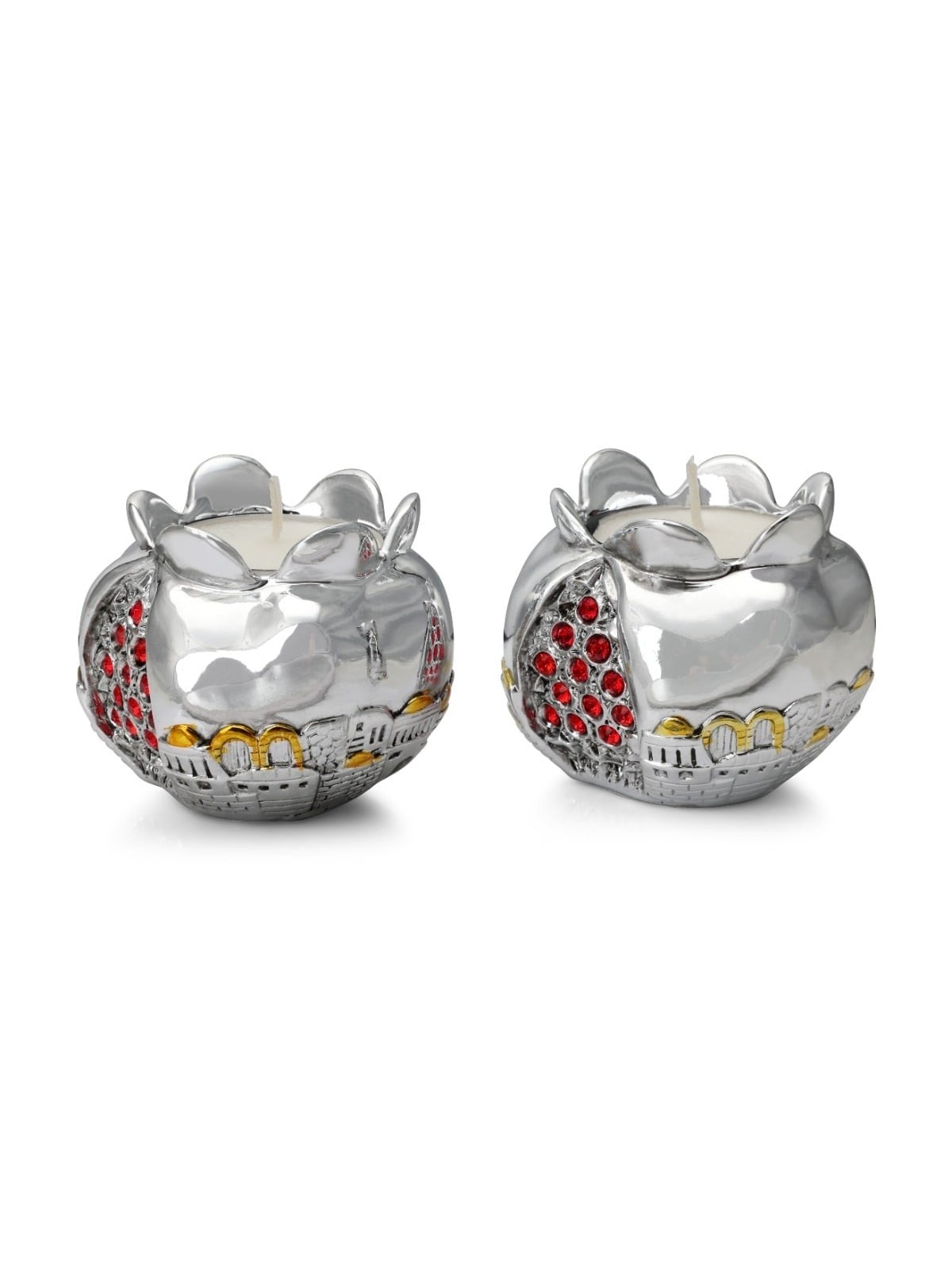 Silver Pomegranate Candlesticks with Jewels and Golden Highlights - Je