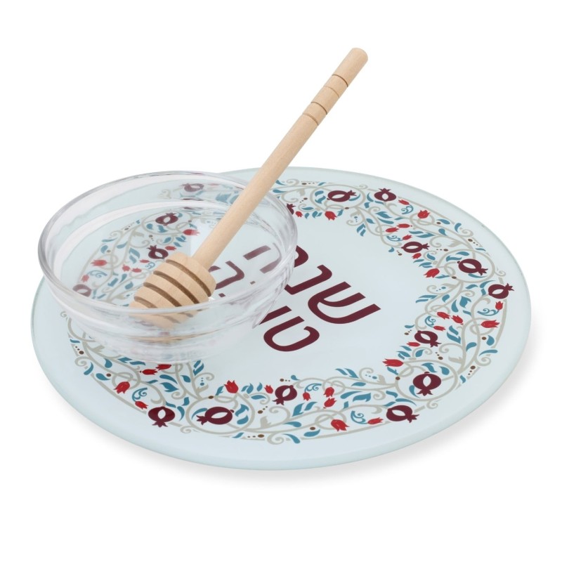 Tempered Glass Honey & Apple Dish Set for Rosh Hashanah with Pomegrana