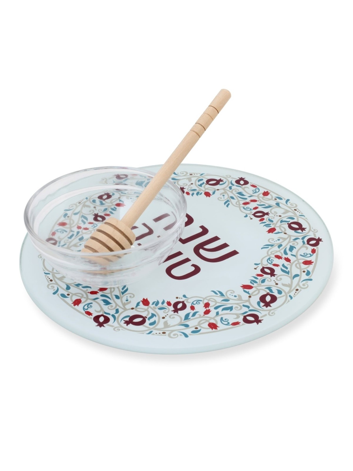 Tempered Glass Honey & Apple Dish Set for Rosh Hashanah with Pomegrana