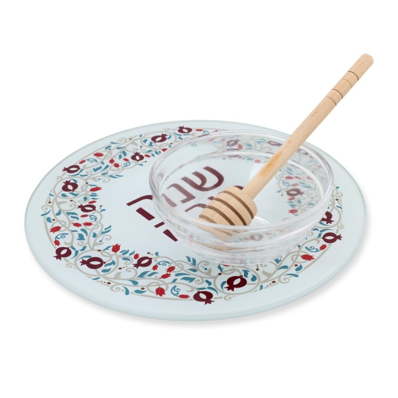 Tempered Glass Honey & Apple Dish Set for Rosh Hashanah with Pomegrana