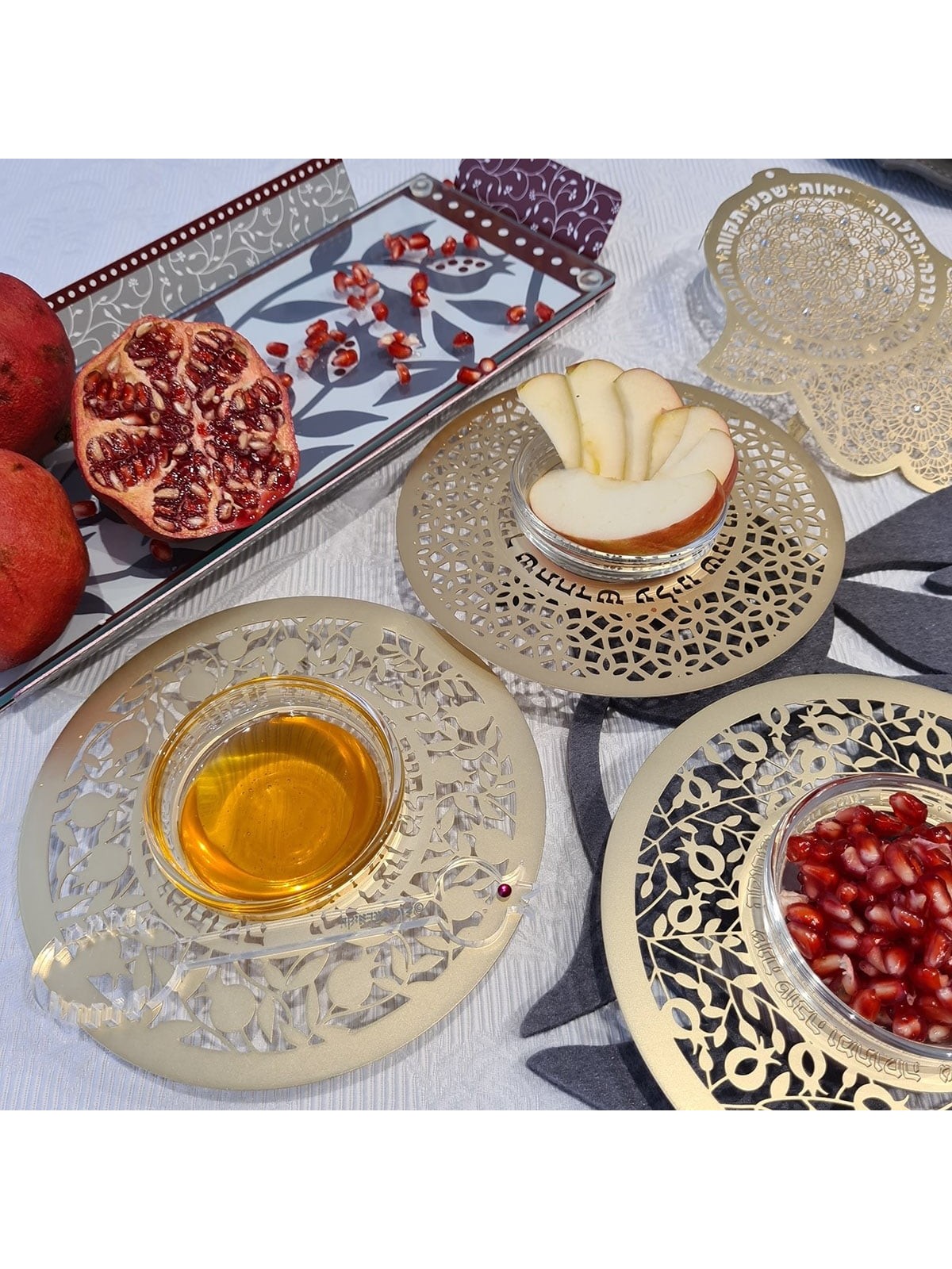 Dorit Judaica Stainless Steel & Glass Rosh Hashanah Honey Dish - Pomeg