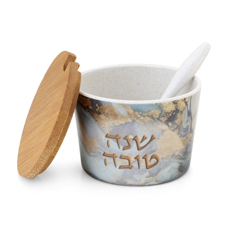 Bamboo Rosh Hashanah Honey Dish with Marble Pattern