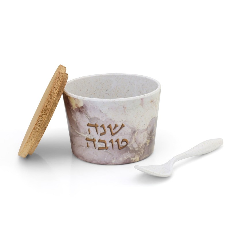 Bamboo Rosh Hashanah Honey Dish with Marble Pattern