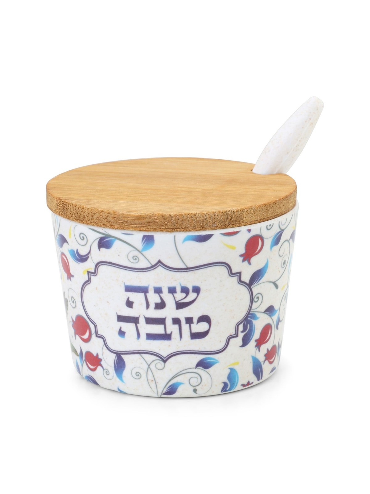 Bamboo Rosh Hashanah Honey Dish with Blue Leaves and Pomegranate Desig