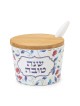 Bamboo Rosh Hashanah Honey Dish with Blue Leaves and Pomegranate Desig