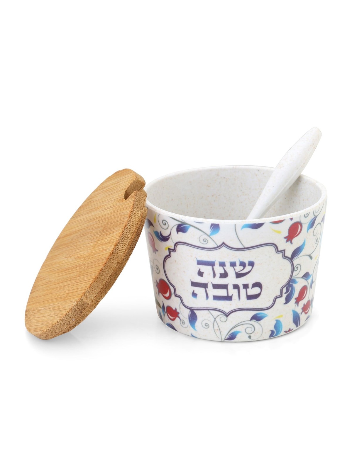 Bamboo Rosh Hashanah Honey Dish with Blue Leaves and Pomegranate Desig