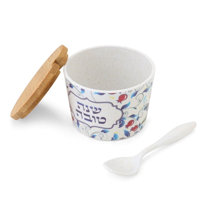 Bamboo Rosh Hashanah Honey Dish with Blue Leaves and Pomegranate Desig